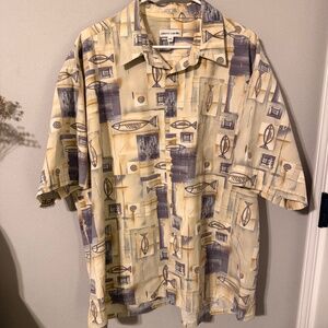 Mens Pierre Cardin Vintage Beige Tribal Fish Cotton Hawaiian Shirt Size XXL